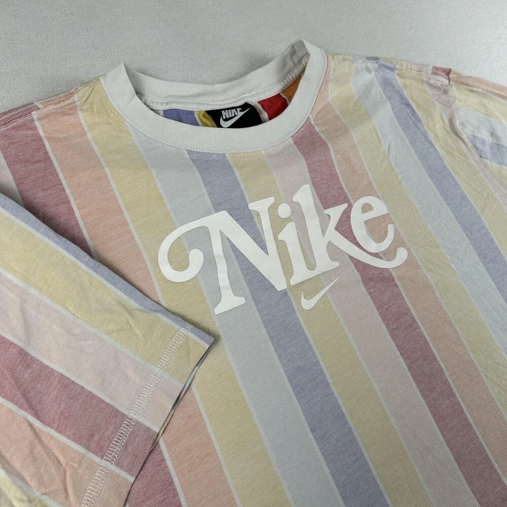 Nike Shirt Womens 1X Pastel Rainbow Stripe Cropped Logo Tee T-Shirt Crew Neck